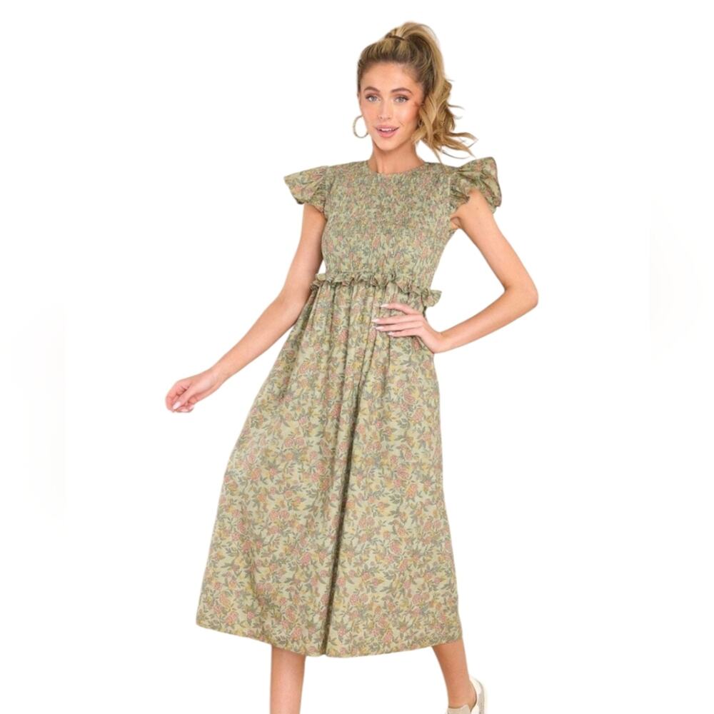 Victoria Dunn Primose Smocked Midi Dress XS
